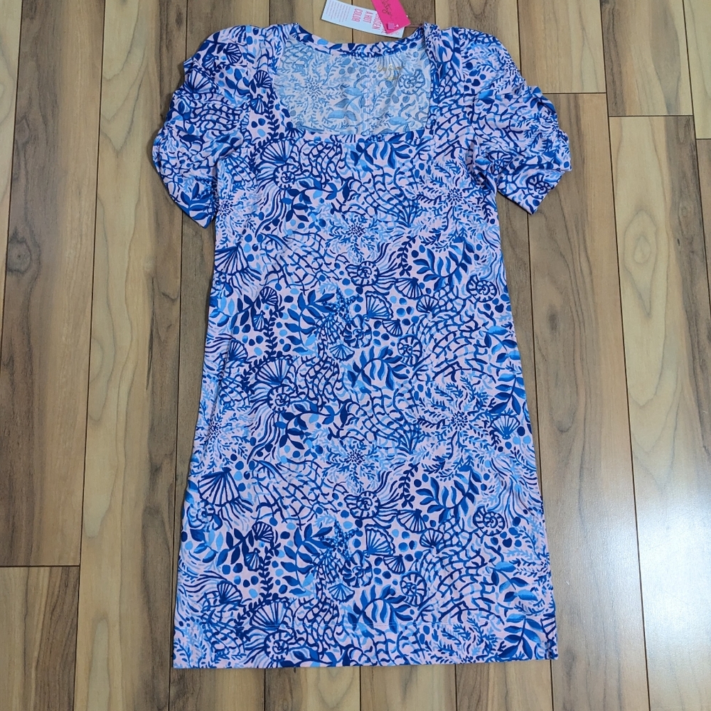 Lilly Pulitzer Pink and Blue Floral Puff-Sleeve Mini Dress